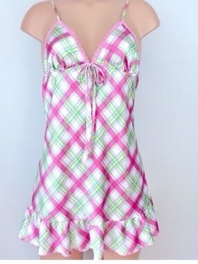 Victoria’s Secret Angels Babydoll Slip Dress Plaid Pink Lace M Y2K